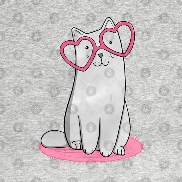 Grey Cat in Heart Glasses by Drawn to Cats